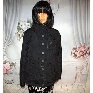 a.n.a Woman's hooded winter coat insulated Black size L lots of pockets & Belt